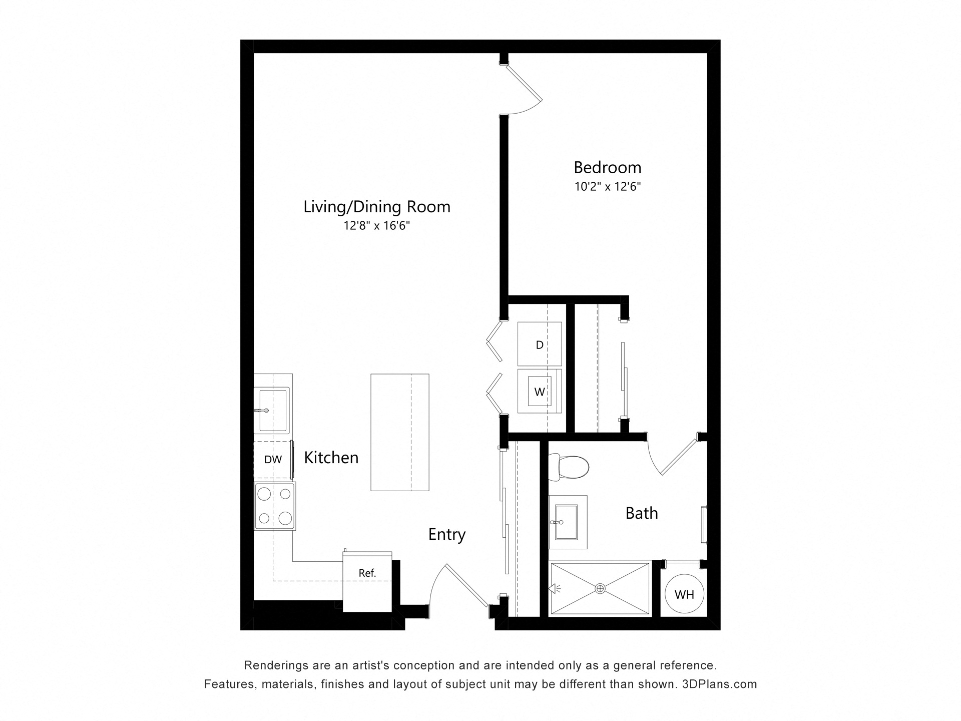 Floor plan for 1 bed, 1 bath, 670 sqft